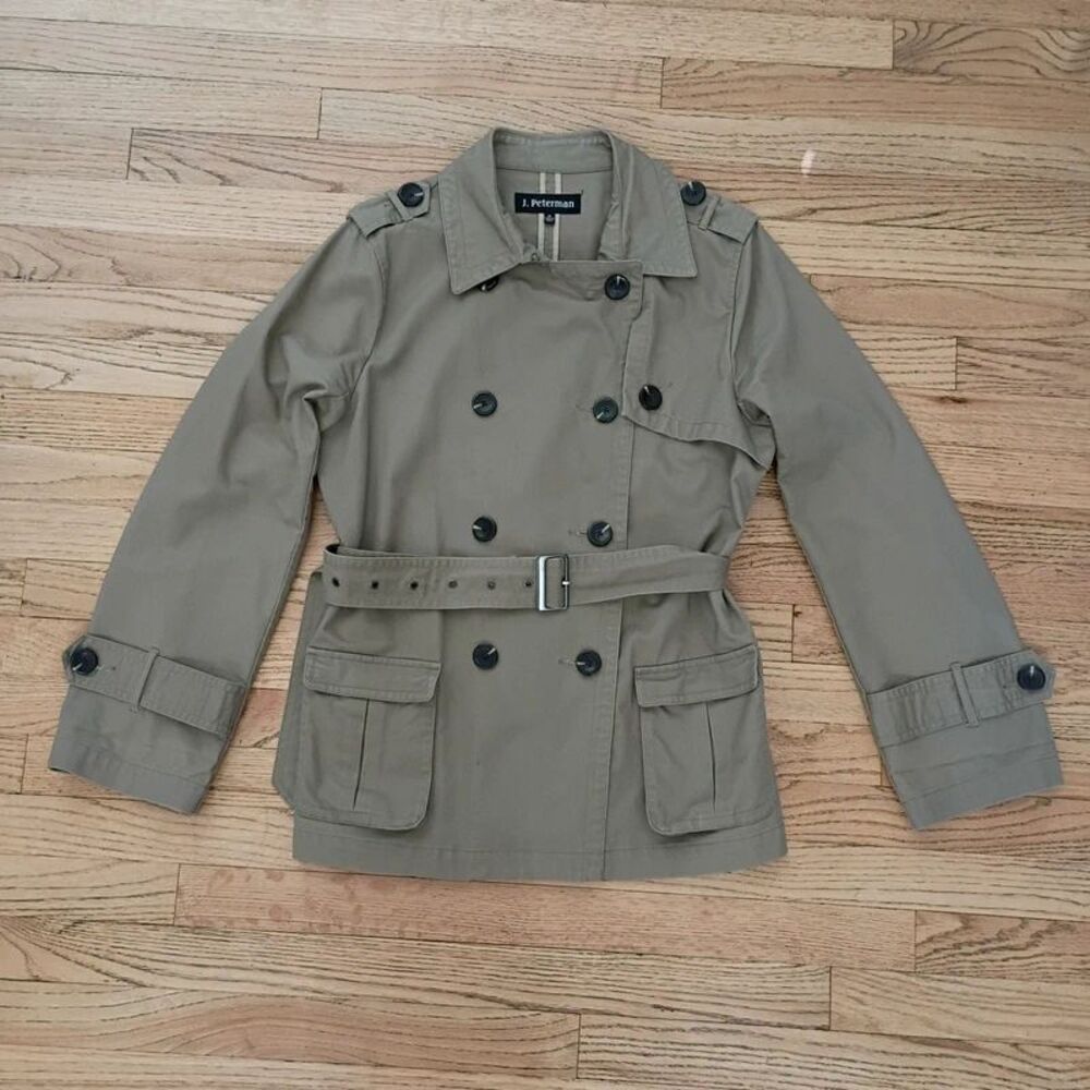 J. Peterman Women's Double Breasted Short Trench Coat Tan 100% Cotton